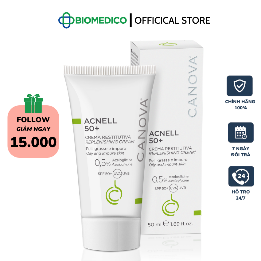CANOVA ACNELL 50+- Replenishing Cream / Kem ngừa mụn ban ngày dành cho da mụn, da kích ứng, nhạy cảm - 50 ml