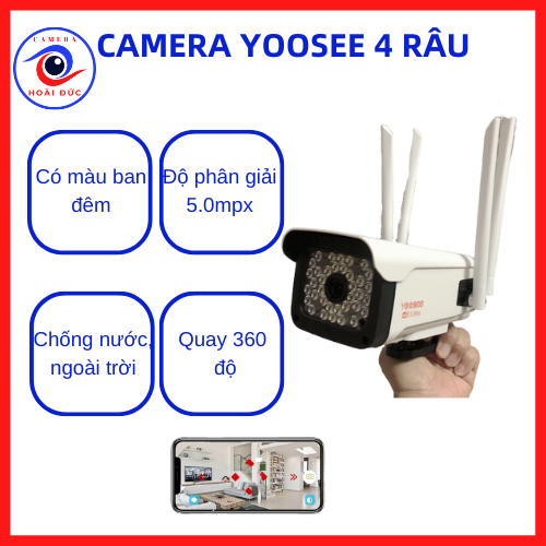 Camera Yoosee ngoài trời 5.0Mpx, 4 râu, Camera Yoosee quay 360, chống nước, có màu ban đêm, đàm thoại hai chiều