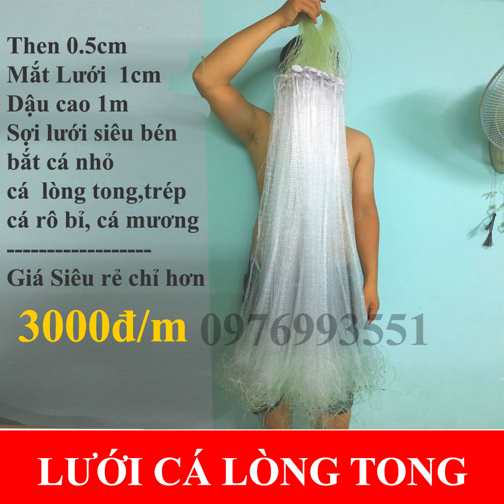 Lưới Đánh Cá Lòng Tong, Cá Nhỏ ,tép,cá mương,rô bỉ,chạp chạp-lưới cá nhỏ Dậu 1m,Dài 50m,then 0.5,matwss 1cm ( Loại Tốt  )