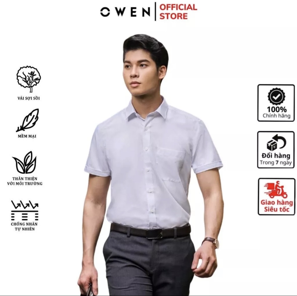 OWEN- Áo sơ mi trắng cộc tay Owen sợi sồi ( giá mác 400k) - Regularfit vạt bầu