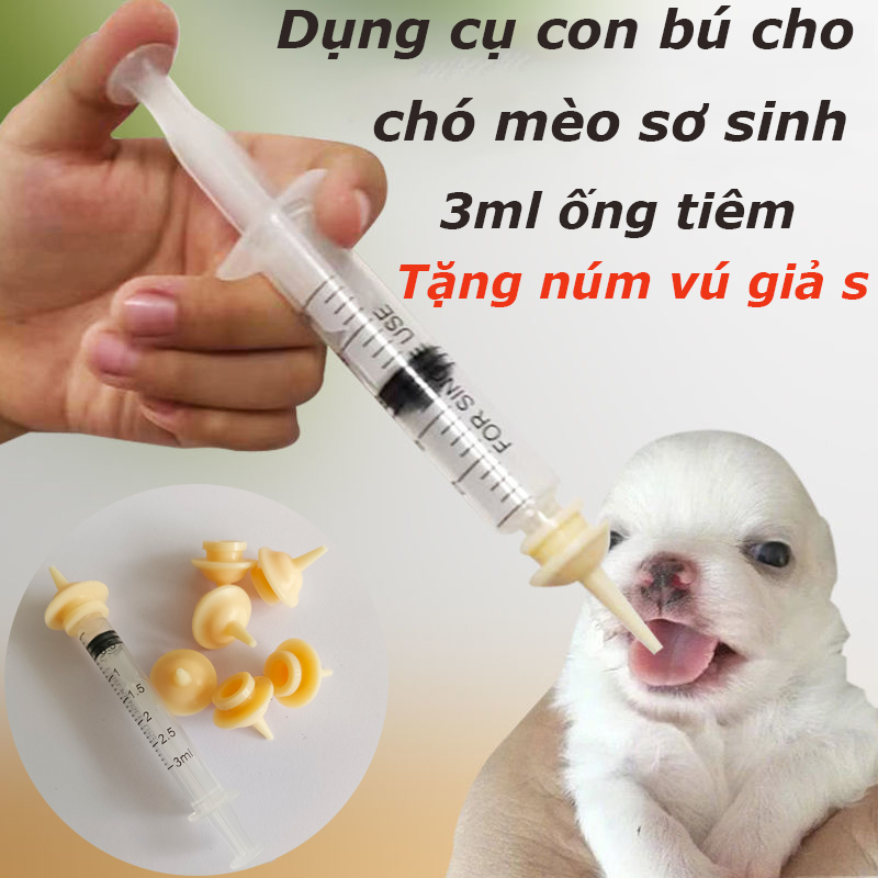 3ml ống tiêm định lượng cho thú cưng chó mèo sơ sinh con bú,tặng núm vú giả silicone s