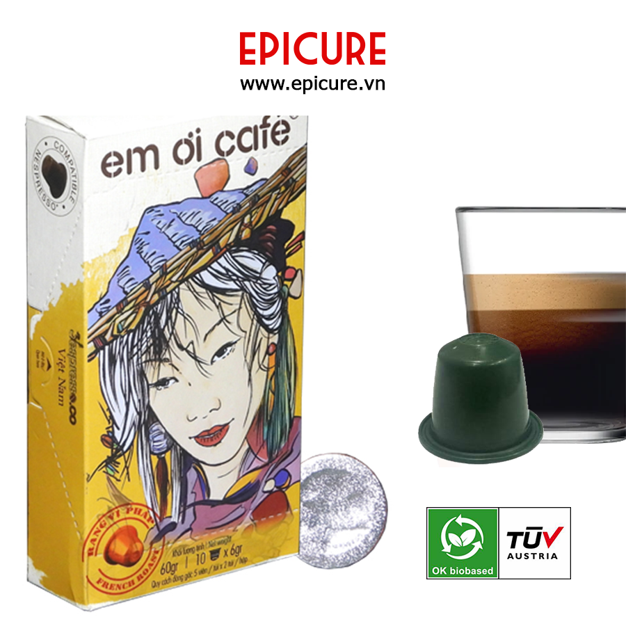 Cà phê viên “Em ơi Café” , hộp 10 viên vị Ý, đống hộp 10 viên/ hộp, viên nén cao cấp , nhựa phân hủy sinh học, Biobase tuv