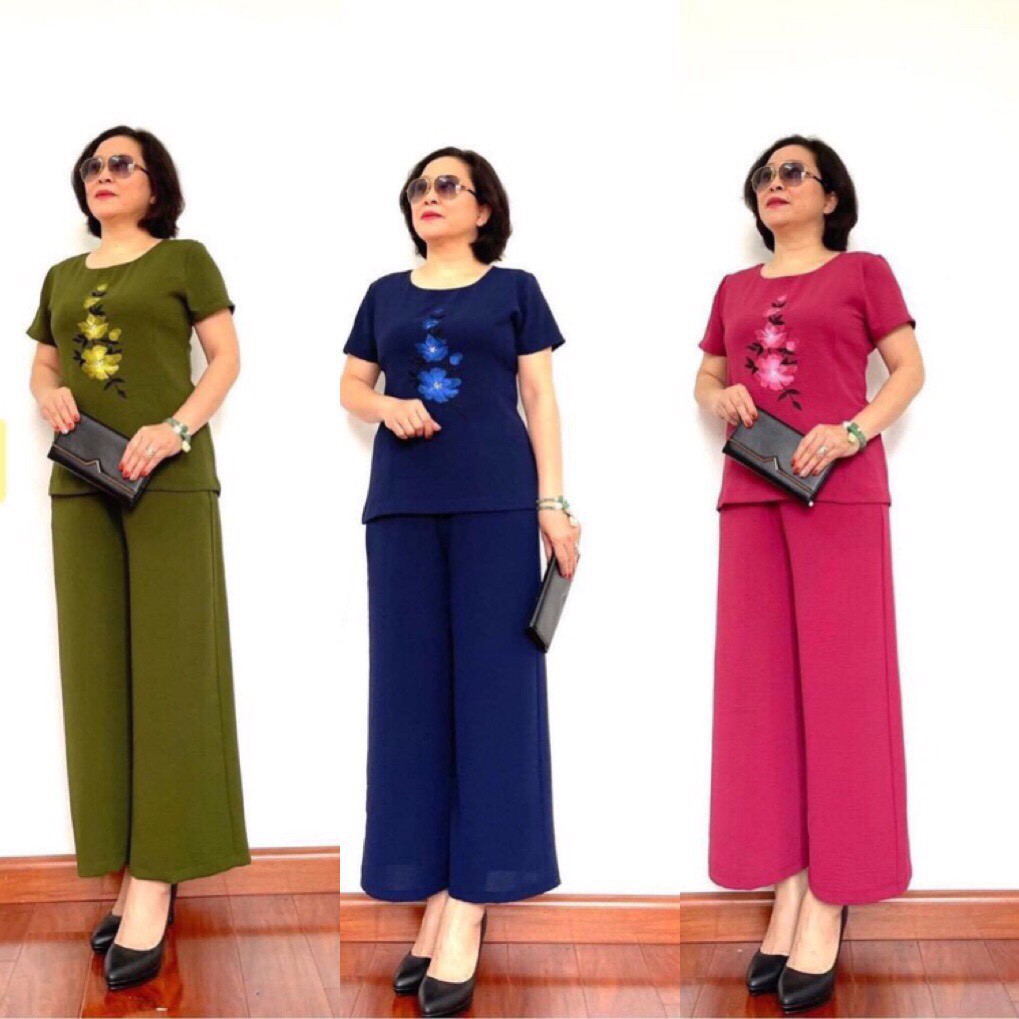 Đồ bộ tniên cho mẹ cộc tay quần dài mặc nhà vải đũi cao cấp, bộ đồ cho mẹ