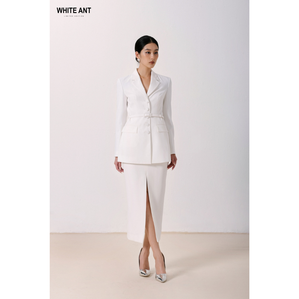 Áo blazer dáng dài và chân váy bút chì xẻ trước white ant tặng kèm đai lưng kiểu dáng sang trọng hàng thiết kế cao cấp, chất liệu nhập khẩu 181202001e.001
