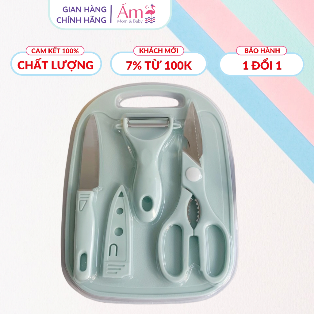 Bộ Dụng Cụ Dao Thớt Chế Biến Đồ Ăn Dặm Kiểu Nhật Cho Bé 4 Chi Tiết - Hàng Nhật Xịn Ấm Gift Decor