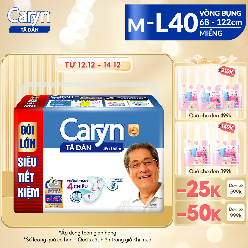 Tã Dán Người Lớn Caryn Siêu Thấm Size L - 40 Miếng Gói Tiết Kiệm Dành Cho Người Hạn Chế Khả Năng Đi Lại