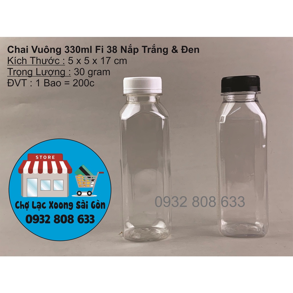 Combo 100 chai nhựa vuông 330ml nắp vặn fi 38 miệng rộng