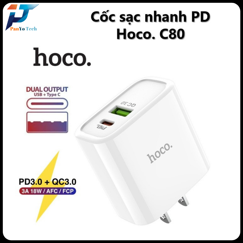 Củ sạc hoco c80 tích hợp 2 cổng sạc usb và type-c hỗ trợ sạc nhanh qc3.0 và pd 18w, củ sạc nhanh iphone, củ sạc samsung
