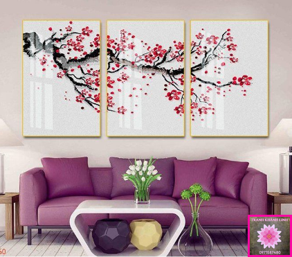 Tranh hoa đào trang trí phòng khách, tranh treo phòng Khách, phòng bếp, phòng Ngủ là tranh Tráng gương Xả Sốc