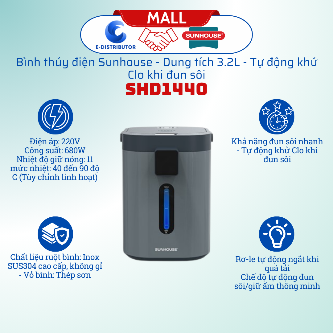 Bình thuỷ điện Sunhouse SHD1440 - Dung tích 3.2L, Tự động khử Clo khi sôi - Hàng chính hãng