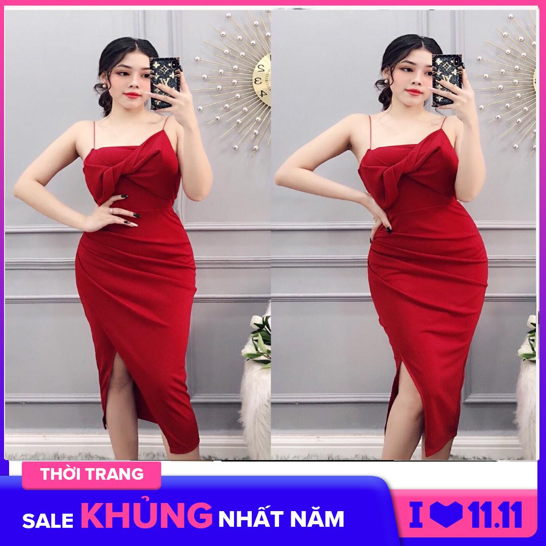 Đầm ôm 2 dây phối nơ ngực sành điệu