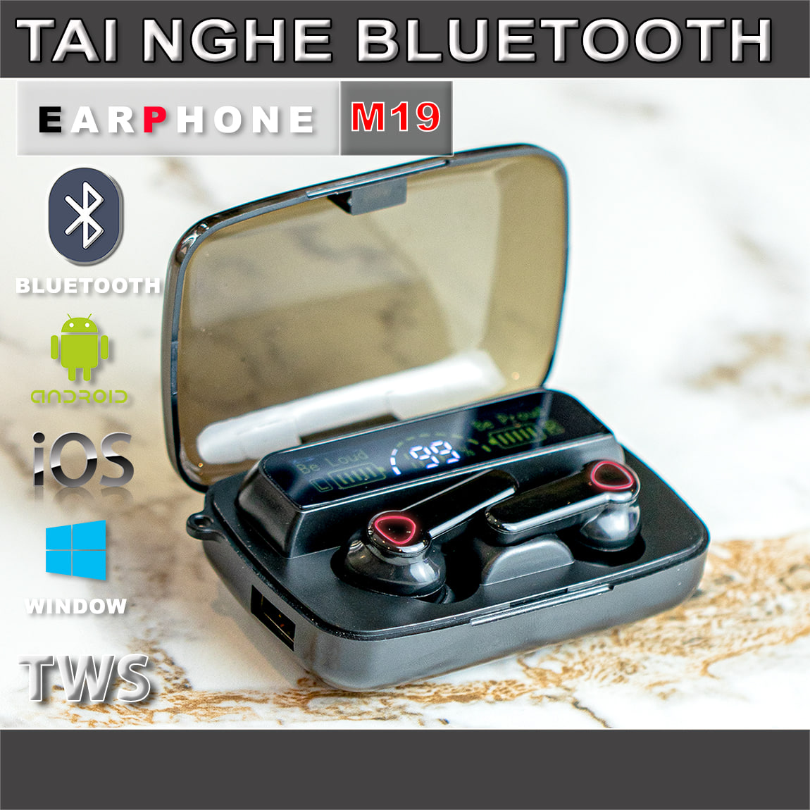 Tai Nghe Bluetooth M19 - Kháng Nước IPX7, TWS, Bluetooth 5.1 - Âm Thanh To, Nghe Gọi, Nghe Nhạc