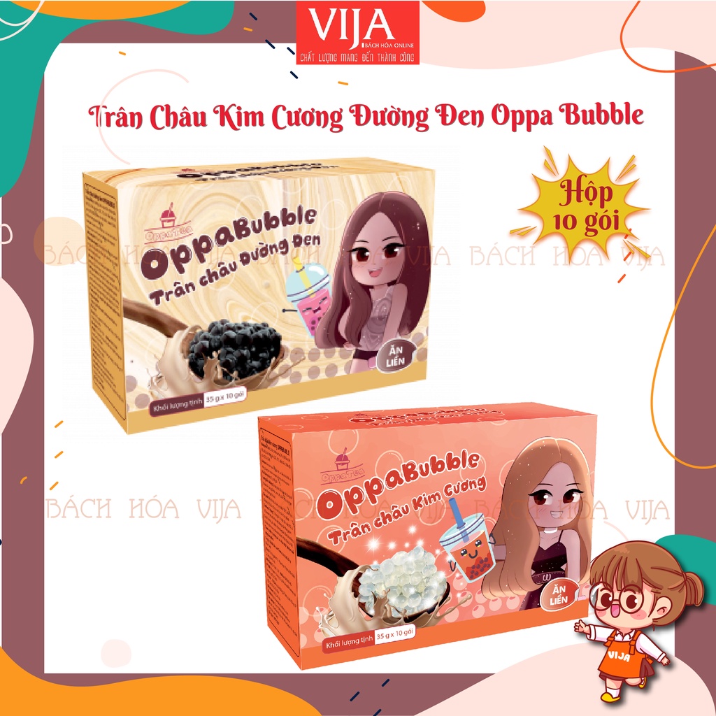 (Hộp 10 gói)Trân Châu Đường Đen, Kim Cương, Cốt Dừa, Cà Phê Ăn liền Oppa Bubble OppaBubble hộp 350g