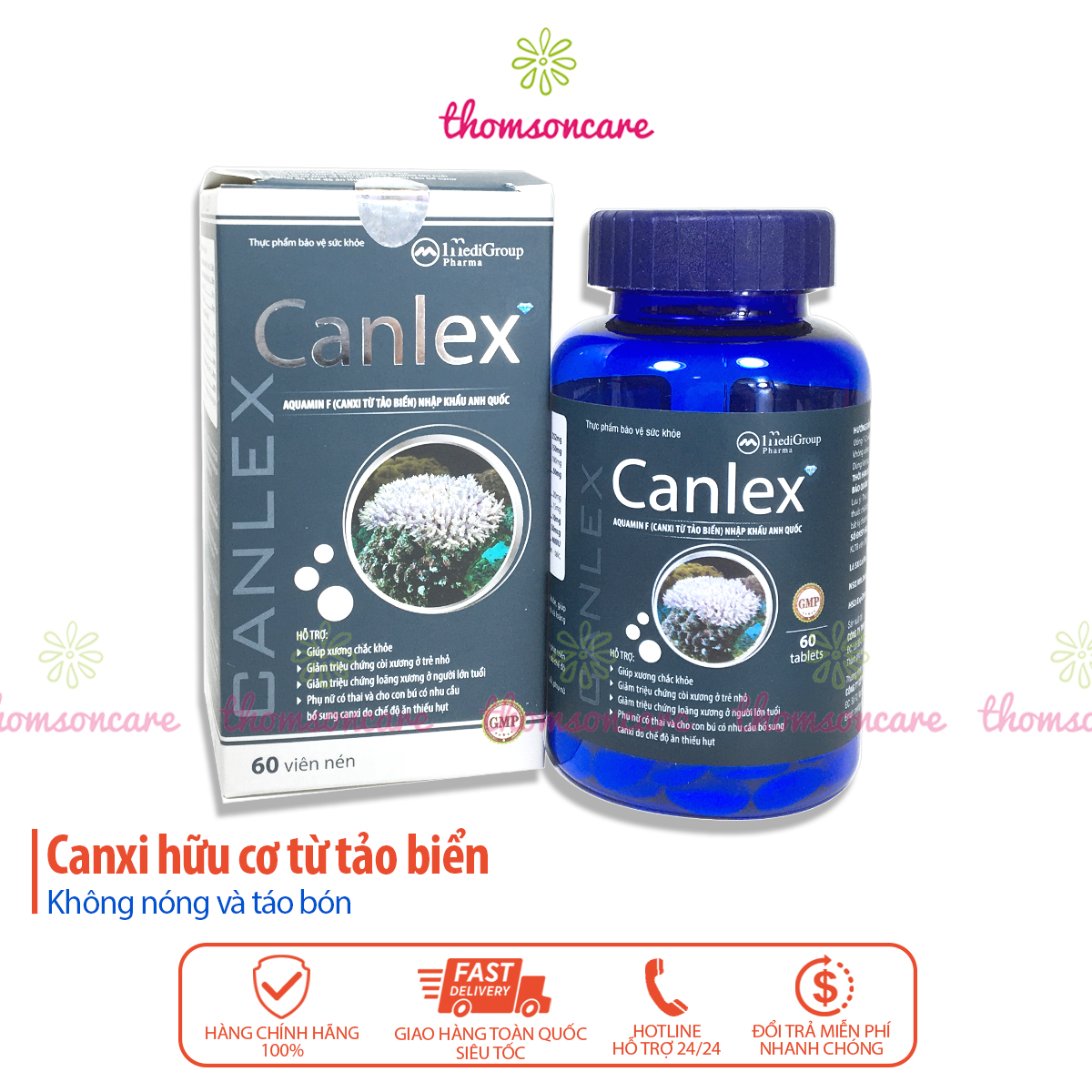 Canlex Bổ sung canxi hữu cơ từ tảo biển, phòng ngừa loãng xương Hộp 60 viên có thêm vitamin D3 và K2