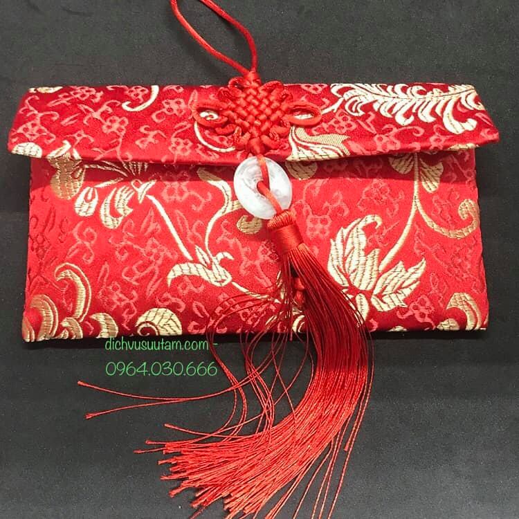 Túi gấm đỏ lớn hoa văn có dây treo, đựng đồ trang trí, Phong Thủy
