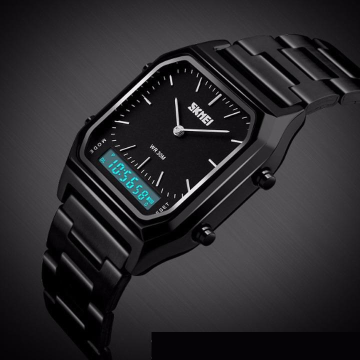 Đồng hồ nam điện tử Skmei DHR1220 2 kim thời trang mặt vuông +Tặng kèm hộp sắt Skmei (màu đen)(Cập nhật 2019)