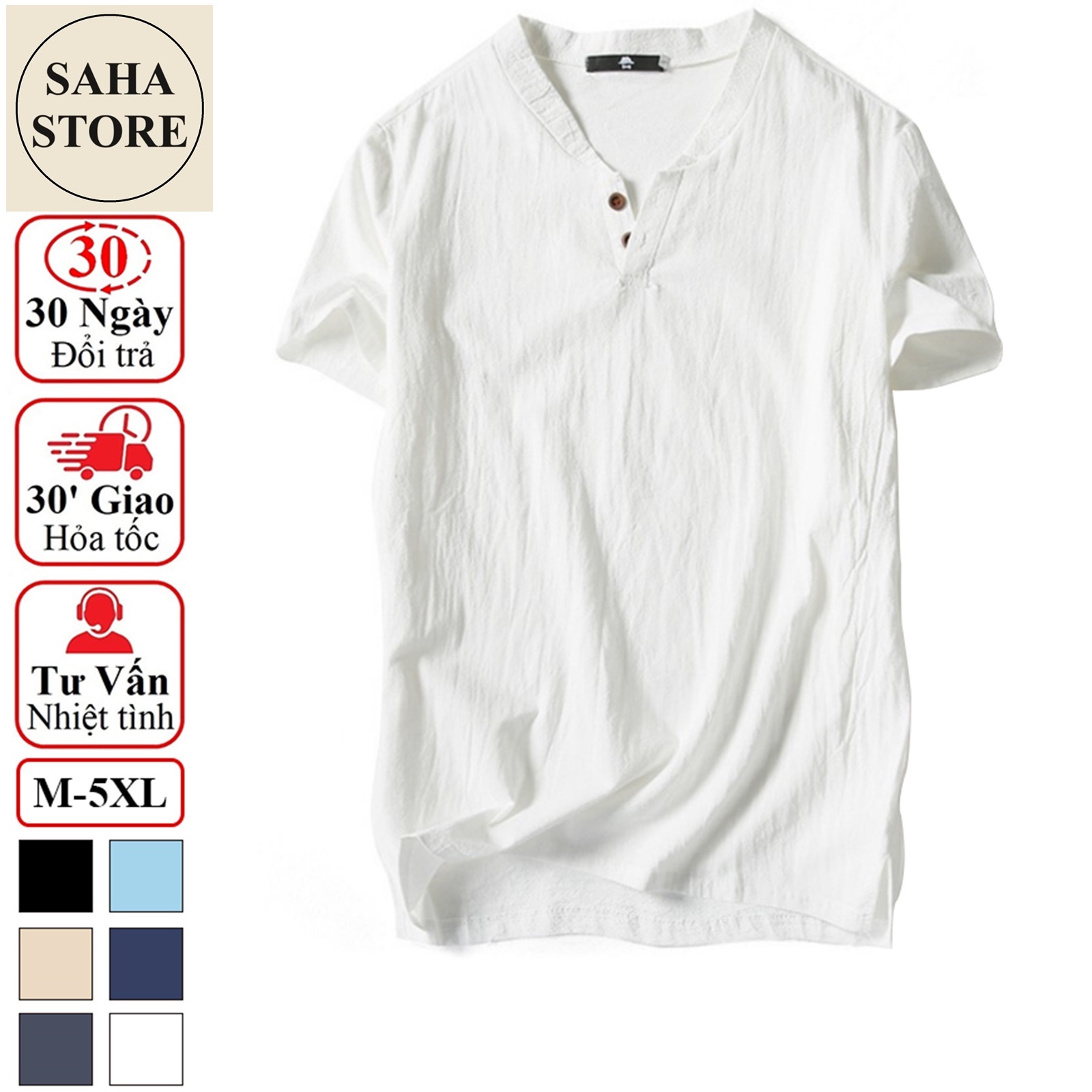 Áo thun nam đũi SAHA312 chất cotton linen mát lạnh cộc tay cài nút cổ v trơn big size 5XL 4XL 3XL