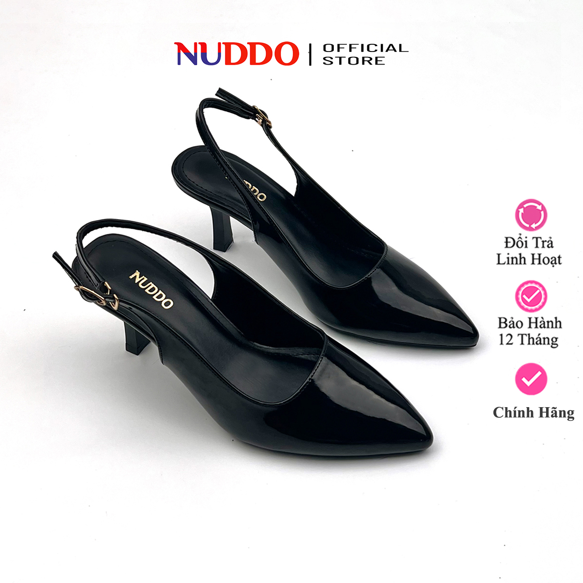 Giày cao gót nữ 7 phân mũi nhọn gót nhọn dáng slingback kín mũi da bóng thời trang công sở cao cấp NUDDP NU012