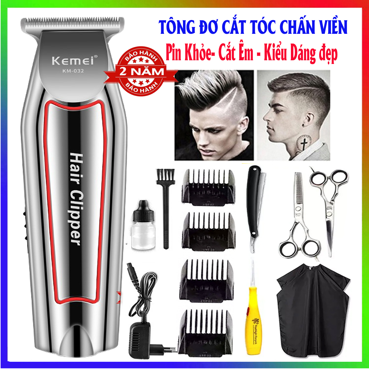 Tông đơ cắt tóc loại tốt, hớt tóc gia đình, trẻ em, không dây, chuyên nghiệp Kemei KM 032, tông đơ hớt tóc nam chính hãng giá rẻ