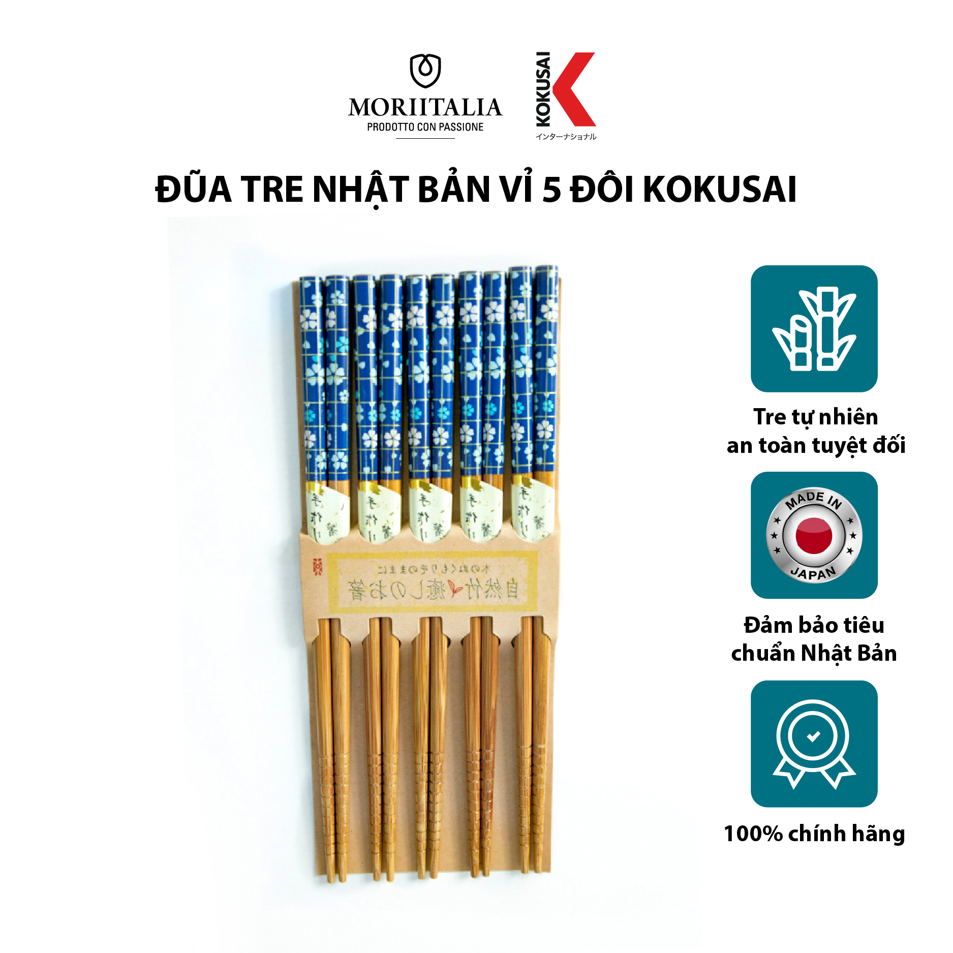 Đũa tre nhật bản vỉ 5 đôi kokusai 22.5cm ndck-05a
