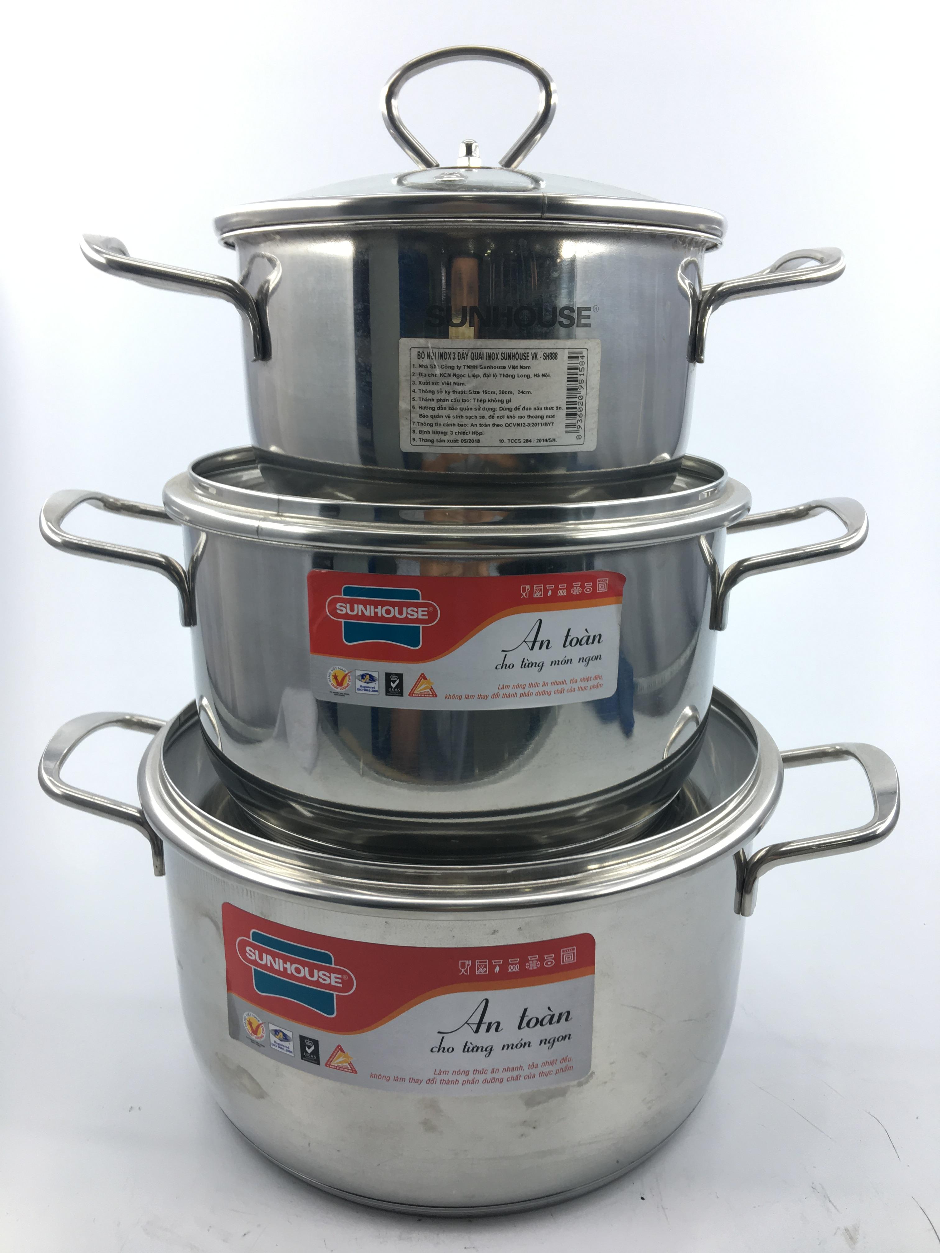 Bộ nồi inox 3 đáy quai đũa cao cấp Sunhouse SH888