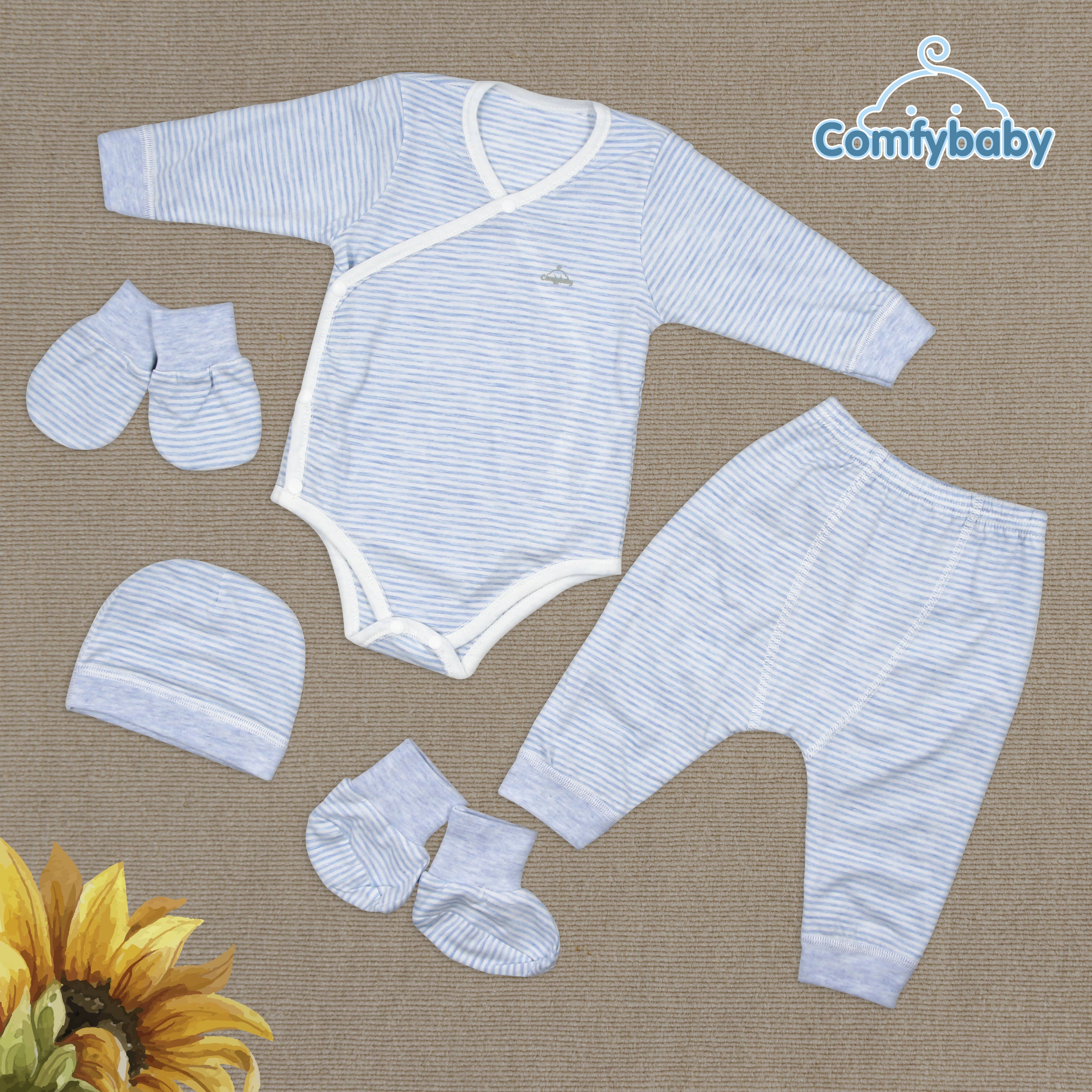 Quần áo cho bé sơ sinh dáng Bodysuit 100% Cotton gồm 5 món ComfyBaby (quần áo dài, bao tay chân, mũ) kẻ sọc