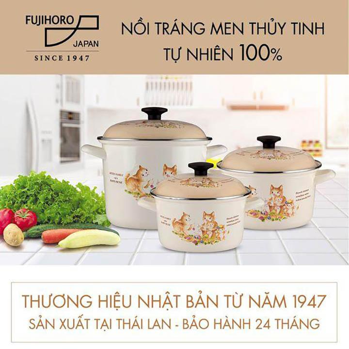 Bộ 3 nồi tráng men Nhật Bản cao cấp Fujihoro - sử dụng bếp từ.họa tiết CON MÈO.nhập khẩu THÁI LAN.Tặng 2 vá canh và 5 muỗng inox
