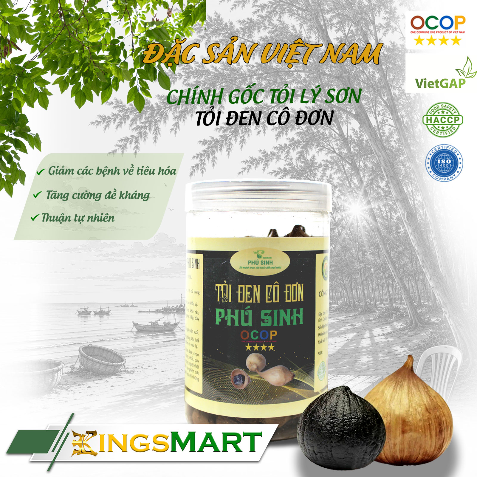 Tỏi Đen Cô Đơn Cao Cấp – Thương hiệu Phú Sinh – Đặc sản Lý Sơn – Hũ 200g/100g – Kingsmart