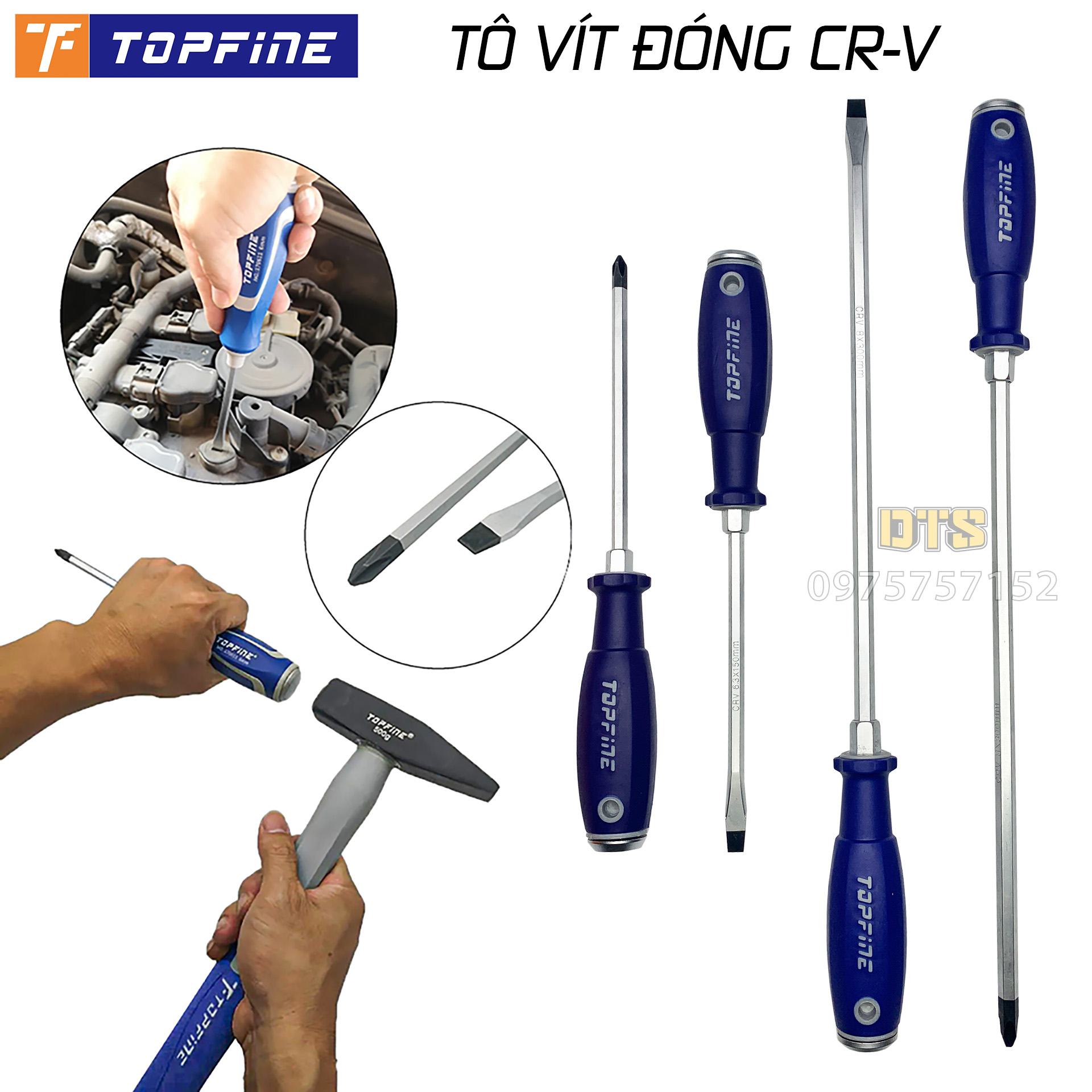 Tua vít đóng Đài Loan 2 cạnh và 4 cạnh TOP FINE, tô vít đóng thép CR-V phi 6mm, phi 8mm cán cao su chống dầu, đầu mũi vít có nam châm từ tính, tuốc nơ vít đóng dẹp, bake, chống va đập, thiết kế công thái học cầm nắm thoải mái
