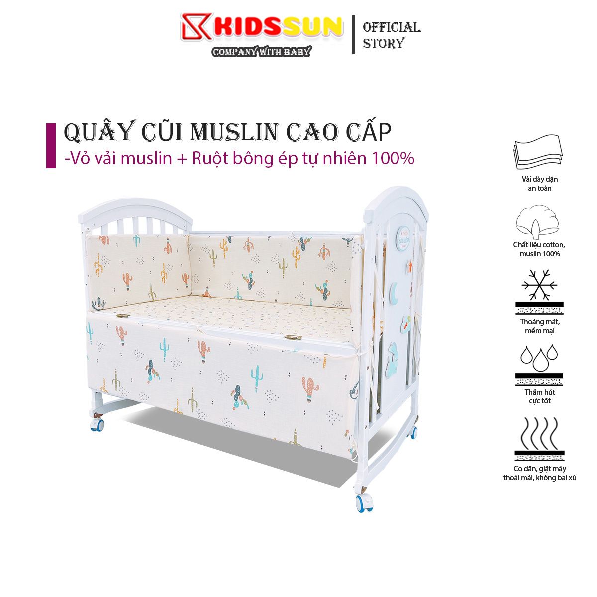 Quây Cũi Cho Bé Kidssun Gồm Ruột Bông Mềm Và Vỏ Chất Liệu Vải Muslin Cao Cấp Mềm Mịn Thoáng Mát (KHÔ