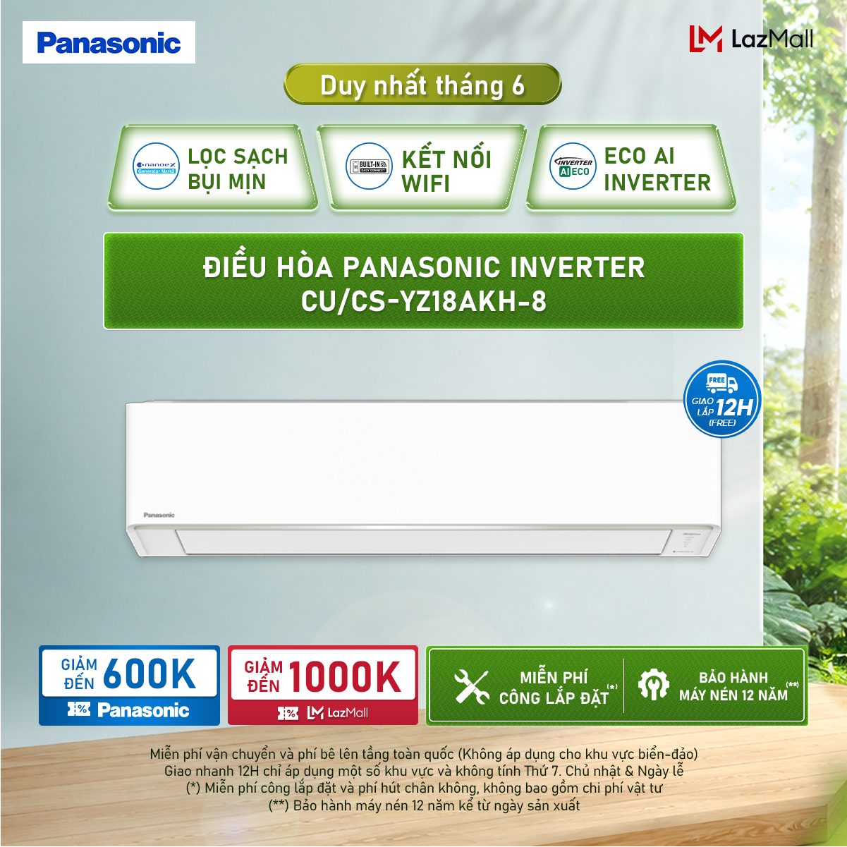 [Độc quyền Online] Điều hòa Panasonic Inverter CU/CS-YZ18AKH-8 - Hai chiều - Eco AI - Lọc không khí bụi mịn tới 99%