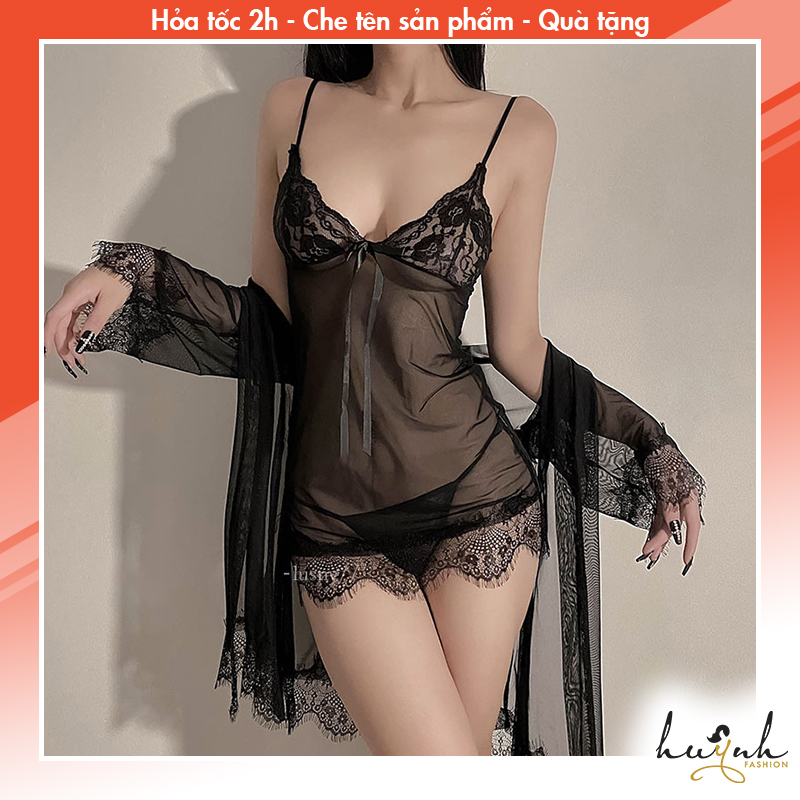  Váy Ngủ Kèm Áo Choàng Phối Ren Xuyên Thấu Gợi Cảm - N14 
