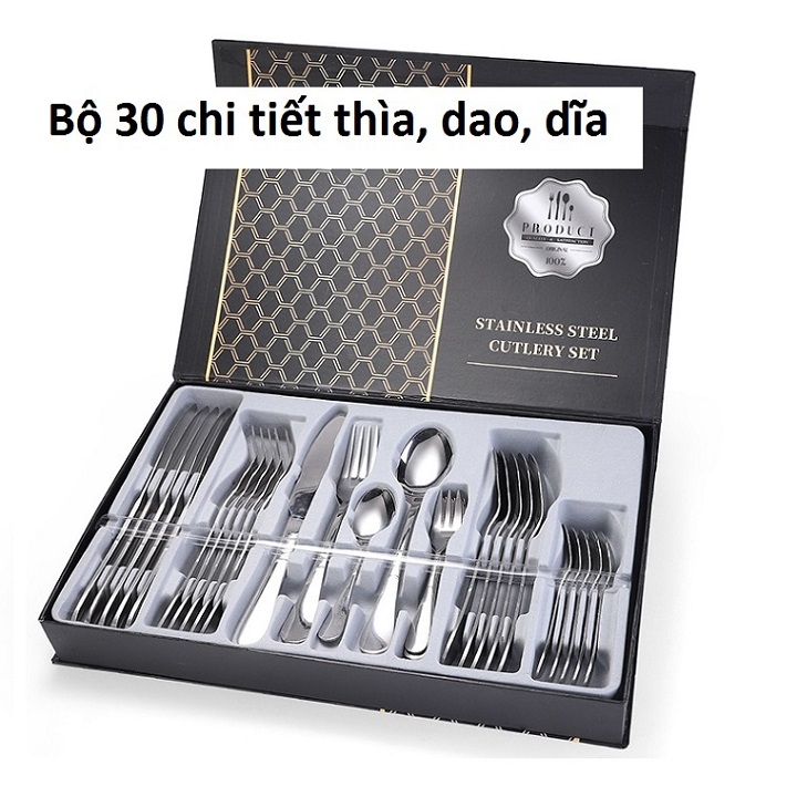 Bộ 30 chiếc thìa dao dĩa ăn inox sang trọng dành cho 6 người lớn và 6 trẻ em REB005