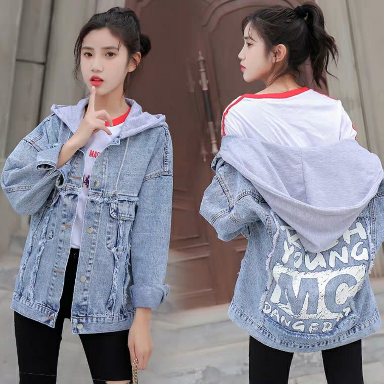[HCM]Áo khoác jean nữ có mũ chống nắng thời trang cao cấp form rộng Rich Young M-L-XL