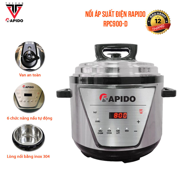 Nồi áp suất điện Rapido RPC900-D Lòng nồi bằng inox 304 6 chức năng nấu tự động Van an toàn cao cấp Tự động xả áp khi quá nhiệt Tự động nấu theo chế độ.