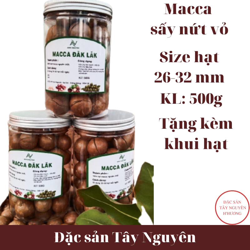 Macca sấy nứt vỏ Anh Nguyên macca giàu dinh dưỡng tốt cho sức khỏe rất tốt cho trẻ em mẹ bầu phù hợp cho người ăn kiêng giảm cân cỡ hạt từ 26 đến 32 mm, hạt mắc ca to, ngọt bùi Macca Đak Lak hộp 500g