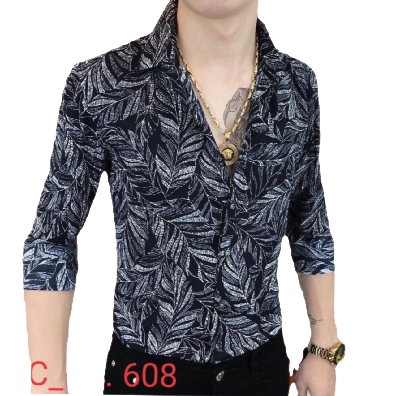 [HCM]ÁO SƠ MI NAM HỌA TIẾT HOA LÁ TRẮNG ĐEN SIÊU HÓT