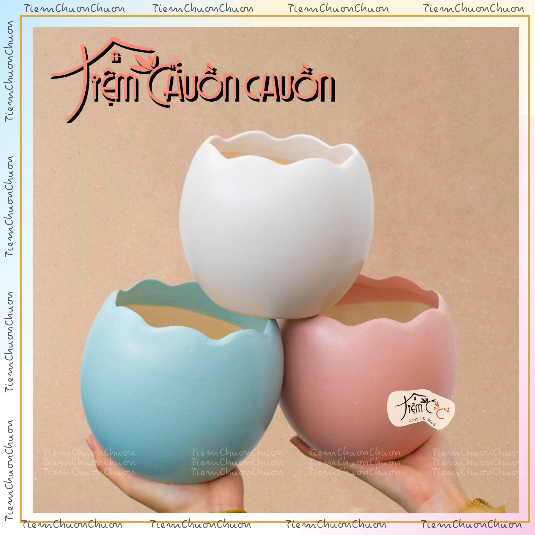 Chậu trứng men pastel 6 màu - chậu sứ trồng cây cảnh - trang trí sân vườn - tiemchuonchuon - gốm sứ bát tràng