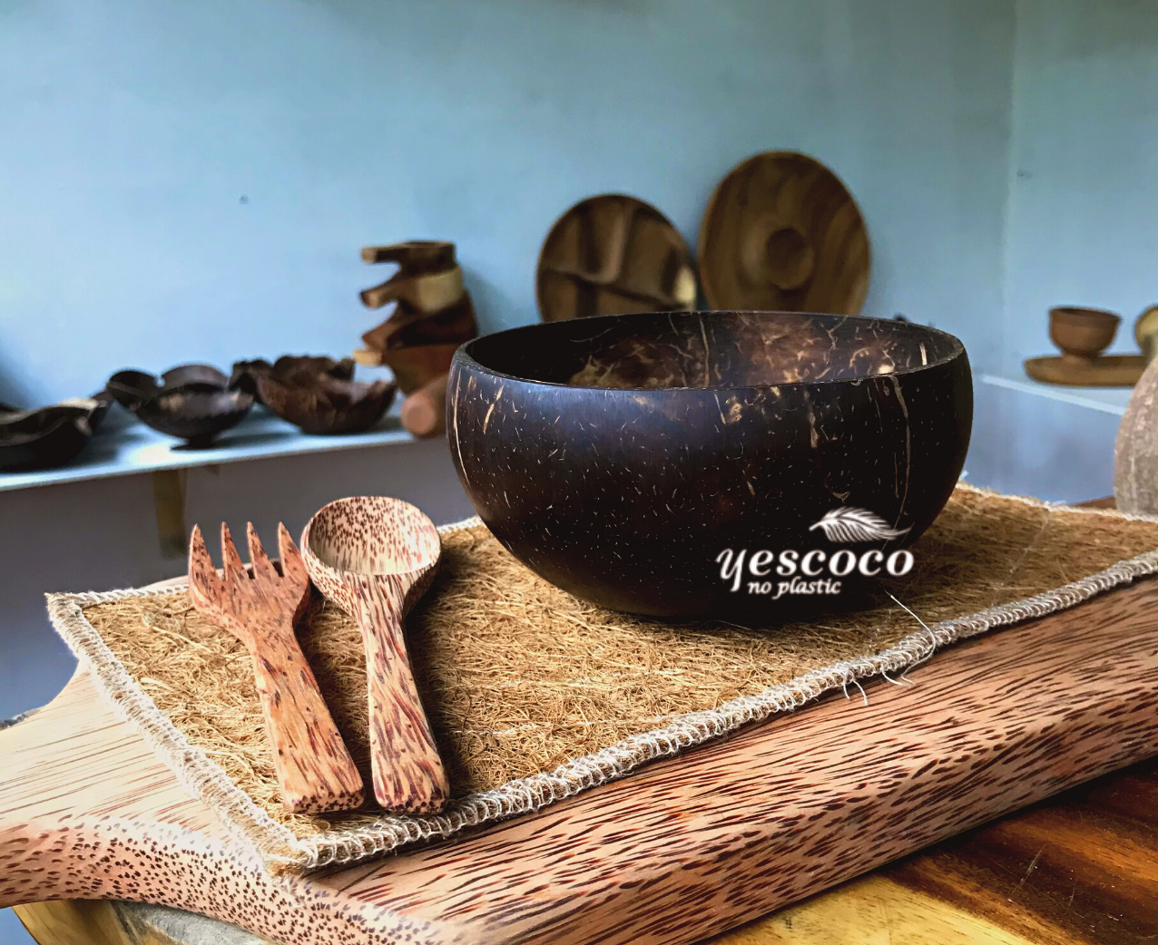 Bộ bát thìa nĩa dừa ăn mì xào yescoco xưởng sx