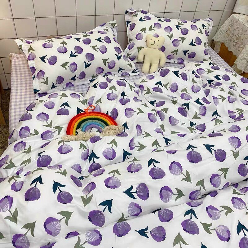 Bộ Chăn Ga Gối Cotton Poly - Hoa Tím ( 1 Drap + 2 Vỏ Gối Nằm + 1 Vỏ Chăn ) Tiệm Nhà Cá