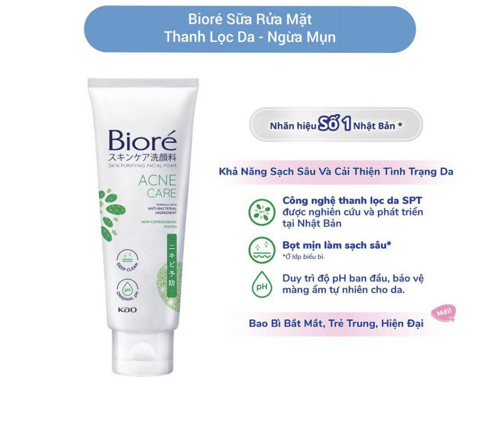 Sữa rửa mặt Biore Kháng khuẩn Sạch mụn 50g xanh lá