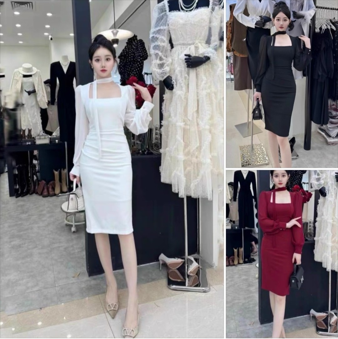 Đầm body cổ u phối tay voan cao cấp - glady g283 - đầm ôm body cách điệu tay phối voan xinh xắn