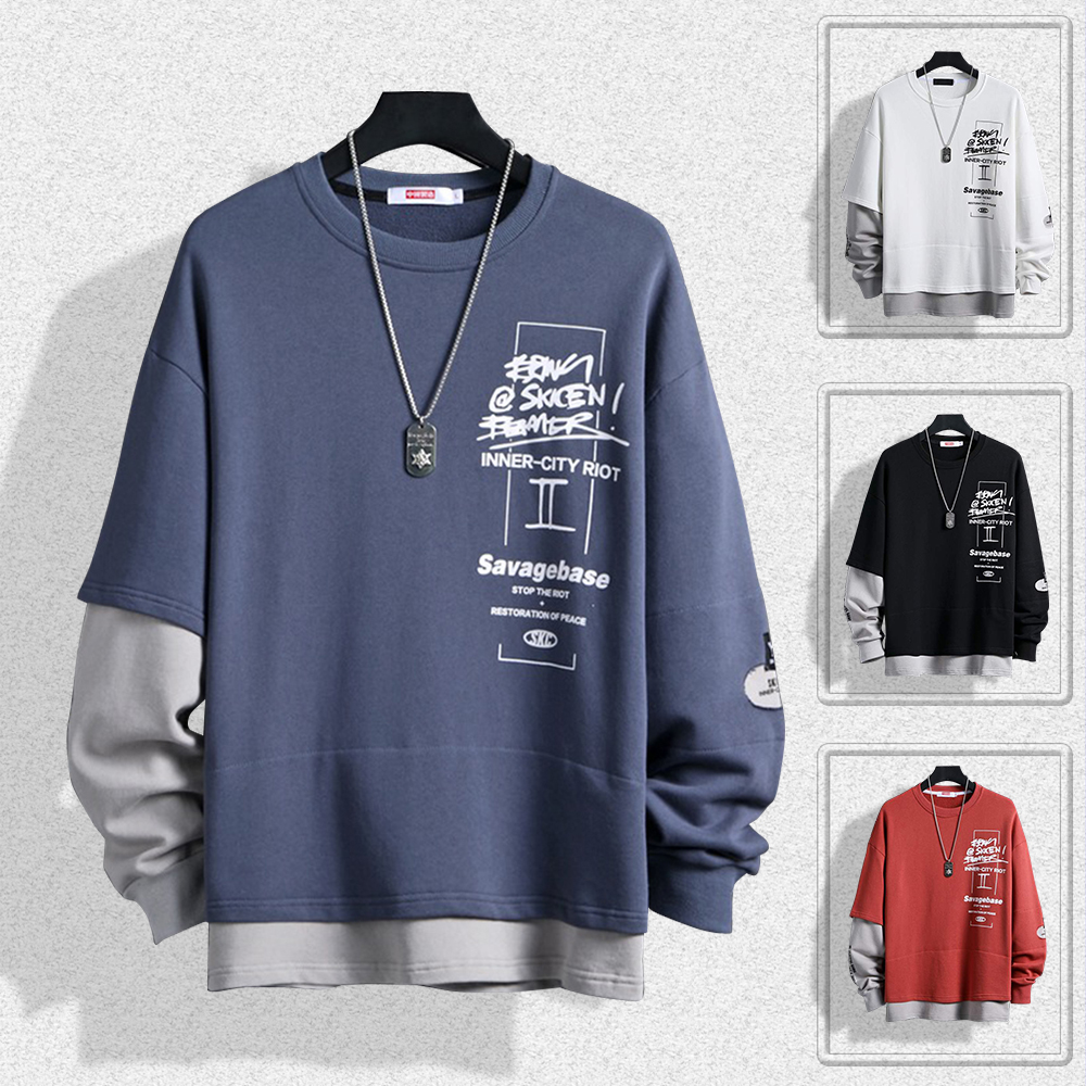 Áo sweater cổ tròn nam nữ thu đông phối chữ đơn giản kết hợp tay áo độc đáo phá cách phong cách hàn quốc hot trend 2021 thời trang 4her ao top nam 90000155