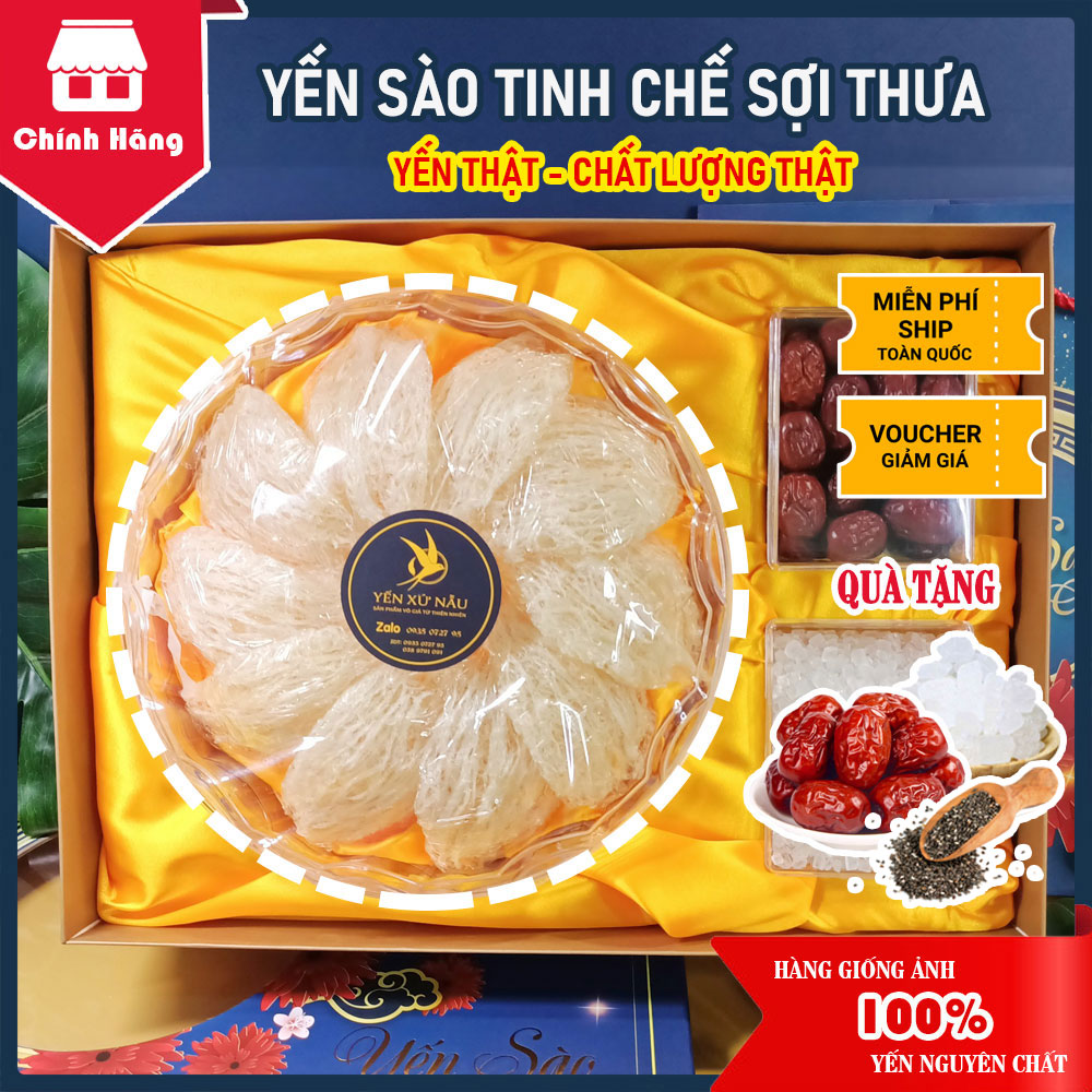 100gr yến sào tinh chế sợi thưa nguyên chất - quà tặng táo đỏ + đường phèn + hạt chia - yến xứ nẫu - yến bình định