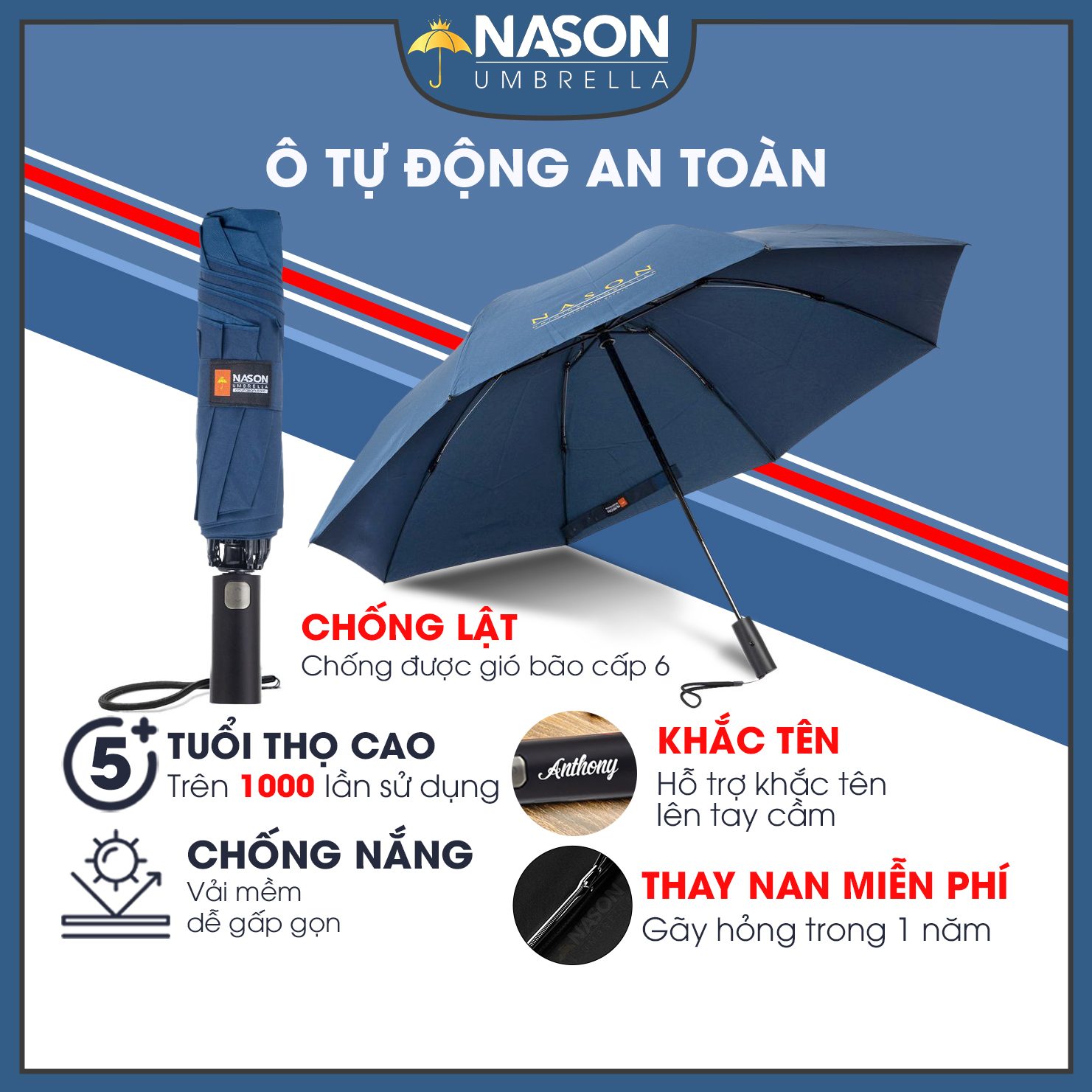 Ô dù đi mưa tự động 2 chiều thông minh, tối ưu hóa khả năng chống nước, ô tự động gấp gọn, ô gập tán rộng, Dù tự động 2 chiều an toàn Nason - Ô dù tự động an toàn - Ô Dù Nason Fully Automatic Umbrella Nason- Tặng lì xì tết