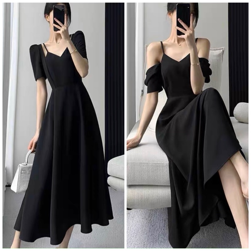 Đầm đen cổ V dây vai