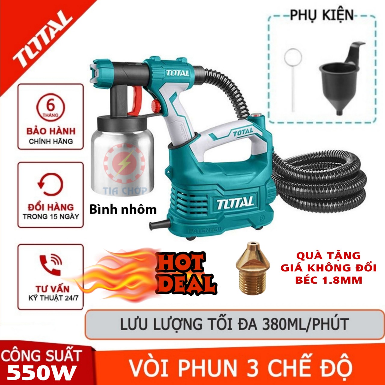 Máy phun sơn dùng điện total 500w tt5006-2 bình nhôm -tặng kèm thêm 1 béc phun mịn 1.8mm