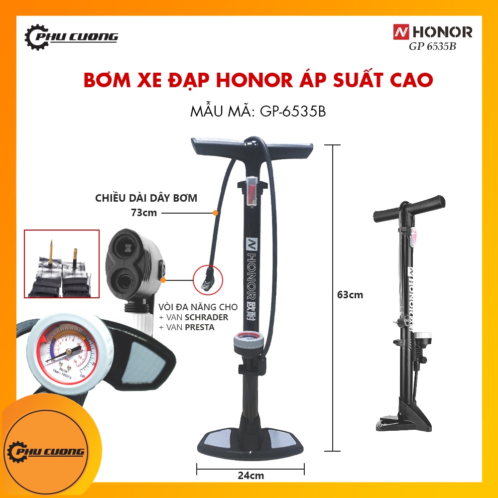 Bơm xe đạp honor có đồng hồ đo và bàn đạp đứng - áp suất cao 230psi
