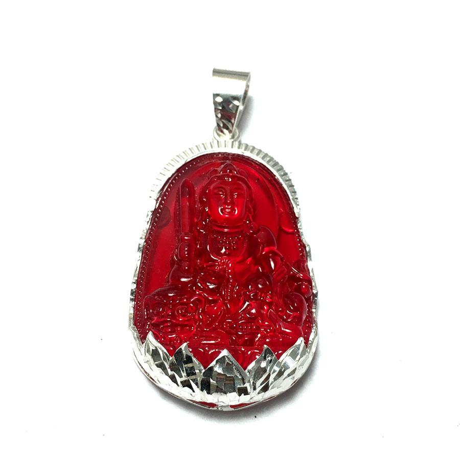 Mặt dây nam bản mệnh ngài Van Thù Bồ Tát màu ĐỎ bọc đài sen bạc ta phay sáng bóng cho người tuổi Mão Bạc QTJ - MBM24(ĐỎ)