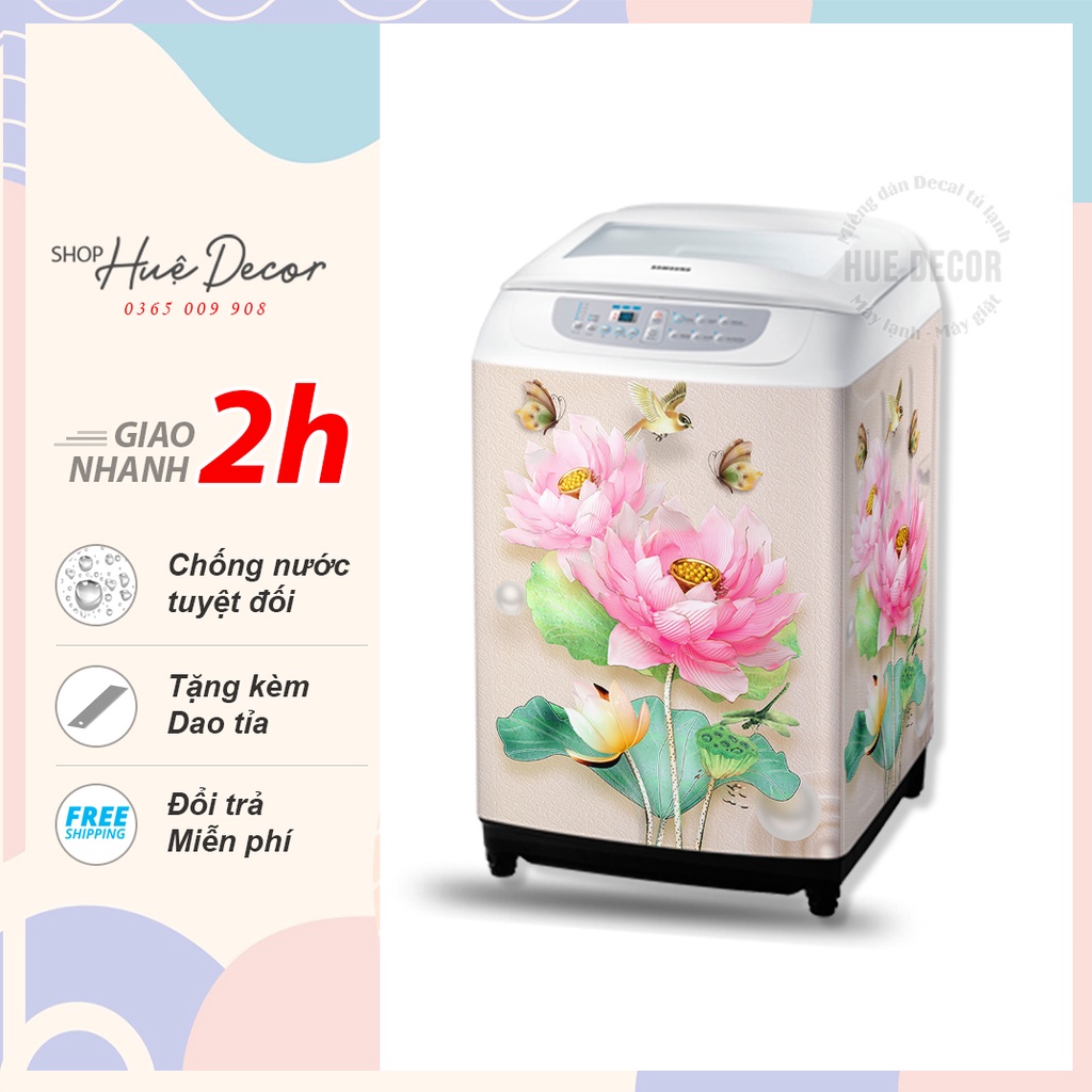 Decal trang trí máy giặt 3d hoa sen hồng